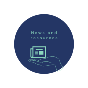 News and resources written above a hand holding a newspaper. All within a navy blue circle.