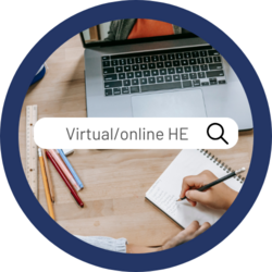 Image of a person doing online learning by Katerina Holmes from Pexels. This image sits on top of a navy blue circle. Image of a search bar with virtual/online HE across the centre of the image.